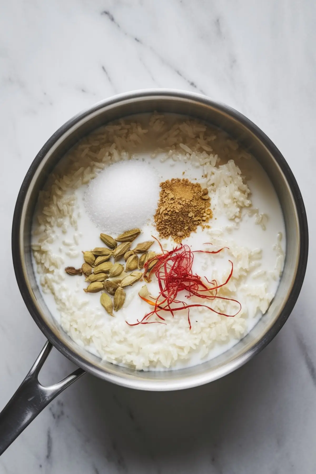 A saucepan filled with cooked rice and milk, topped with sugar, ground cardamom, saffron threads, and whole cardamom pods, showing the beginning stage of preparing Indian rice pudding (kheer).