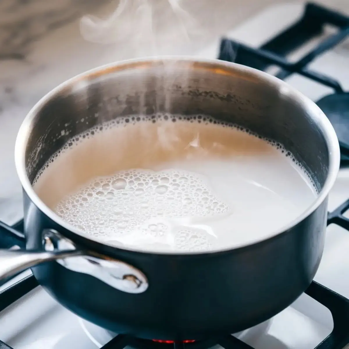 A stainless steel saucepan filled with simmering milk on a gas stove, with steam rising from the surface, showing milk being boiled for a dessert or beverage recipe.