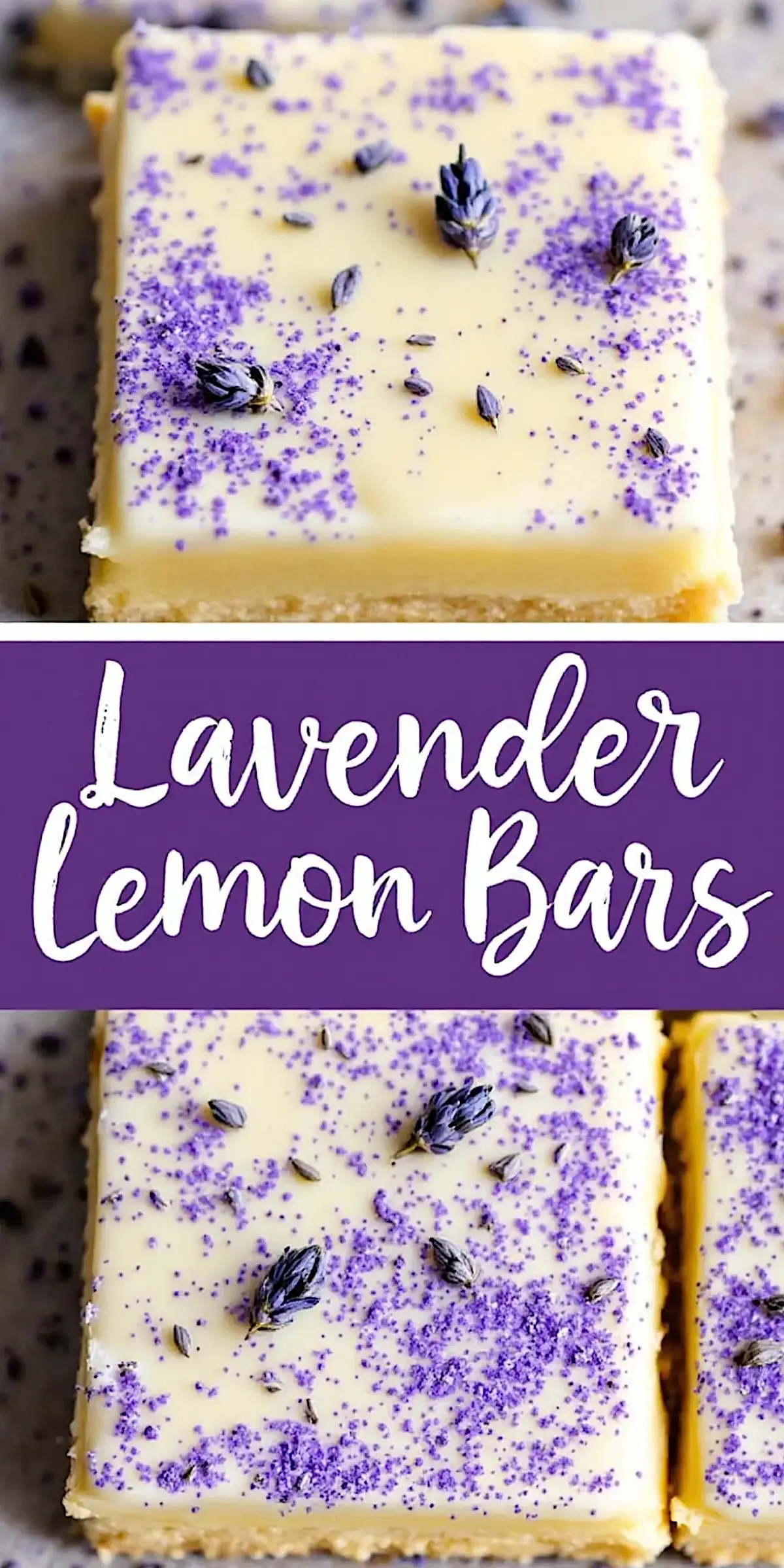 Vertical collage featuring a top and side view of lavender lemon bars, sprinkled with lavender buds and vibrant purple sugar over a smooth lemon layer on buttery shortbread.