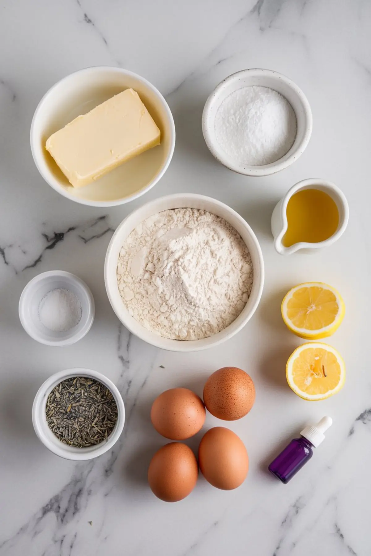 Flat lay of ingredients for lavender lemon bars, including flour, butter, sugar, eggs, dried lavender, lemons, oil, salt, and purple food coloring on a white marble surface.