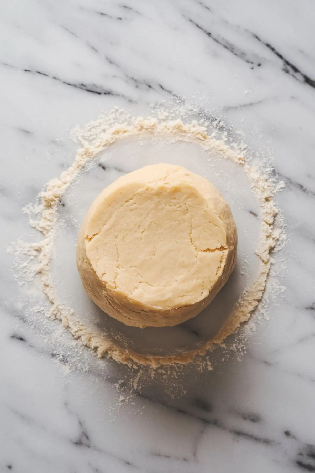 Ball of shortbread dough resting on a floured marble countertop, ready to be rolled out as the base for lemon bars.