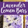 Close-up of a lavender lemon bar topped with dried lavender buds and purple sugar crystals, showcasing a creamy lemon filling and a golden shortbread crust.