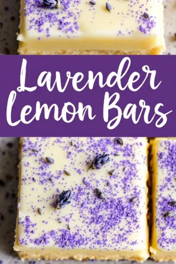 Close-up of a lavender lemon bar topped with dried lavender buds and purple sugar crystals, showcasing a creamy lemon filling and a golden shortbread crust.