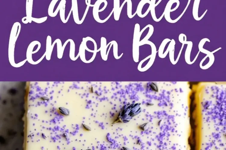 Close-up of a lavender lemon bar topped with dried lavender buds and purple sugar crystals, showcasing a creamy lemon filling and a golden shortbread crust.