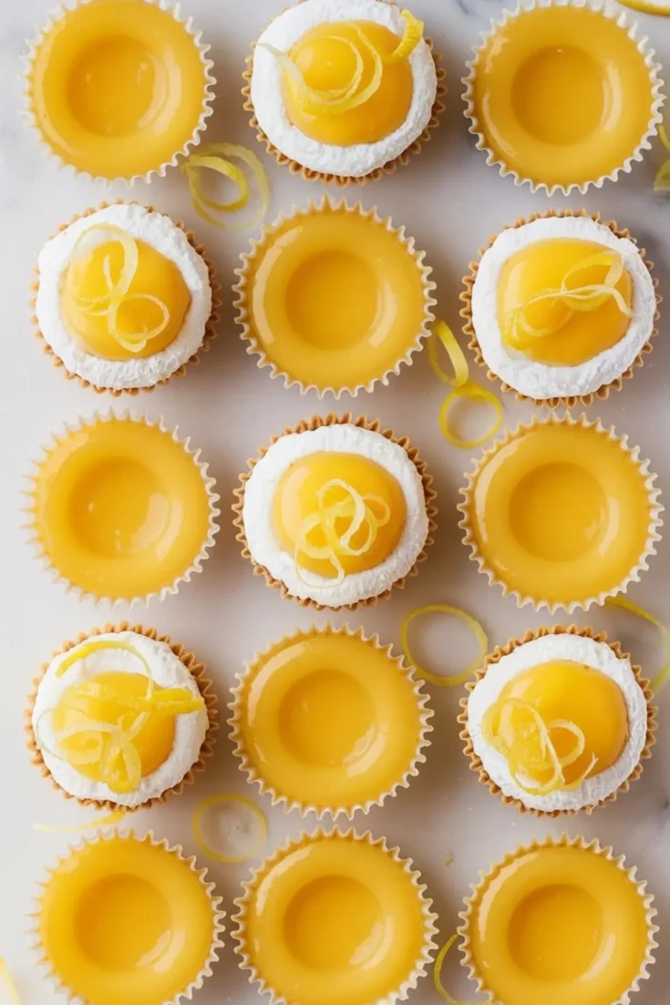 Overhead image of decorated and undecorated lemon cookie cups arranged in rows, with some topped with white icing and lemon zest curls on a white background scattered with lemon peel ribbons.