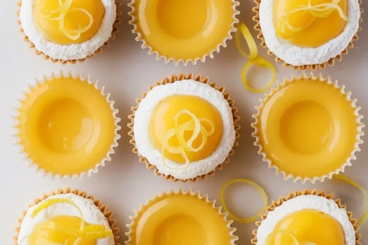 Overhead image of decorated and undecorated lemon cookie cups arranged in rows, with some topped with white icing and lemon zest curls on a white background scattered with lemon peel ribbons.