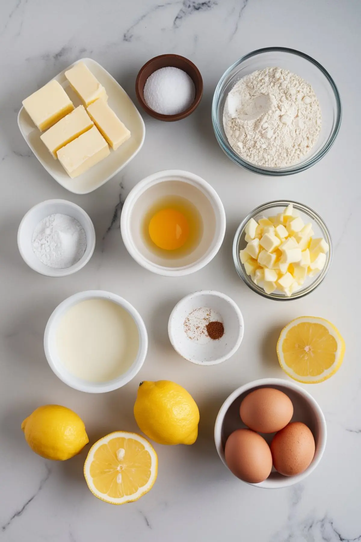 Flat lay of ingredients for lemon cookie cups on a white marble background, including butter, sugar, flour, eggs, milk, lemons, and spices arranged in small bowls and dishes.