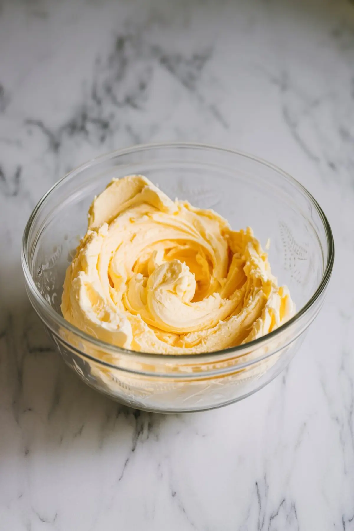 Glass bowl of whipped lemon buttercream with swirled peaks, placed on a marble surface in soft natural light.