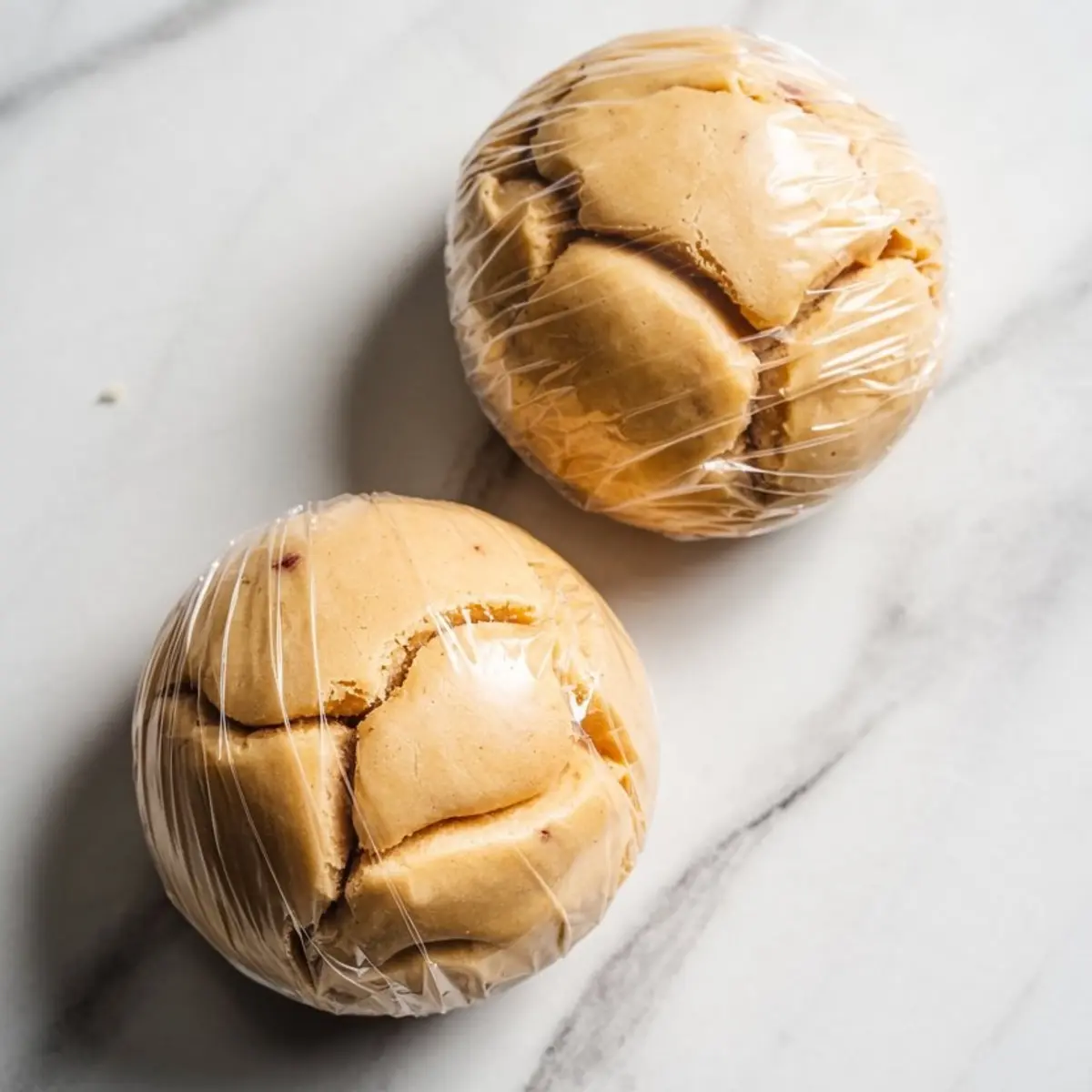 Two smooth dough balls wrapped tightly in plastic wrap sit on a white marble surface, showcasing prepared sugar cookie dough ready for double chilling..
