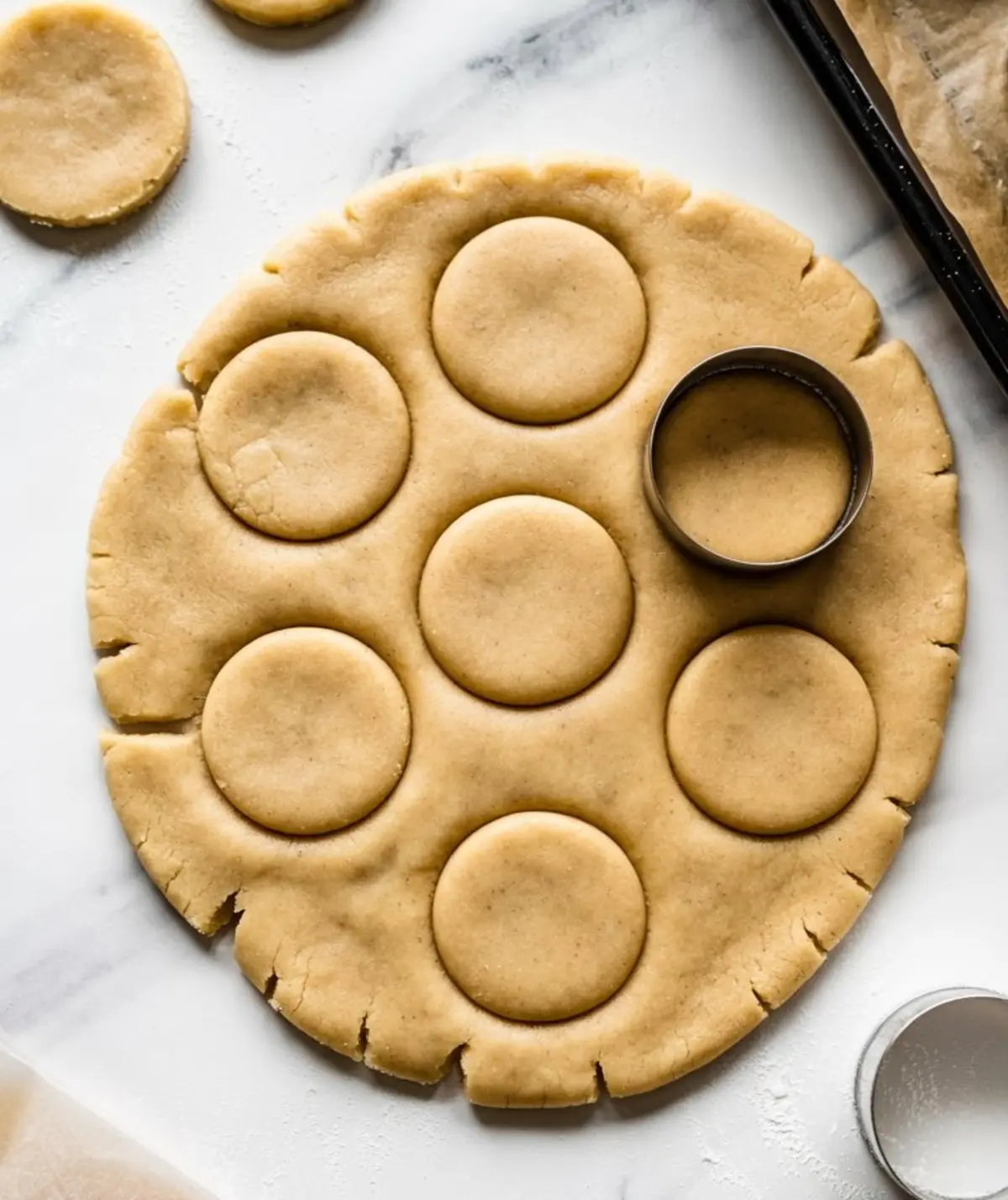 Rolled-out sugar cookie dough with evenly spaced round cutouts, captured mid-process with a metal cookie cutter resting on top, set on a floured marble surface.