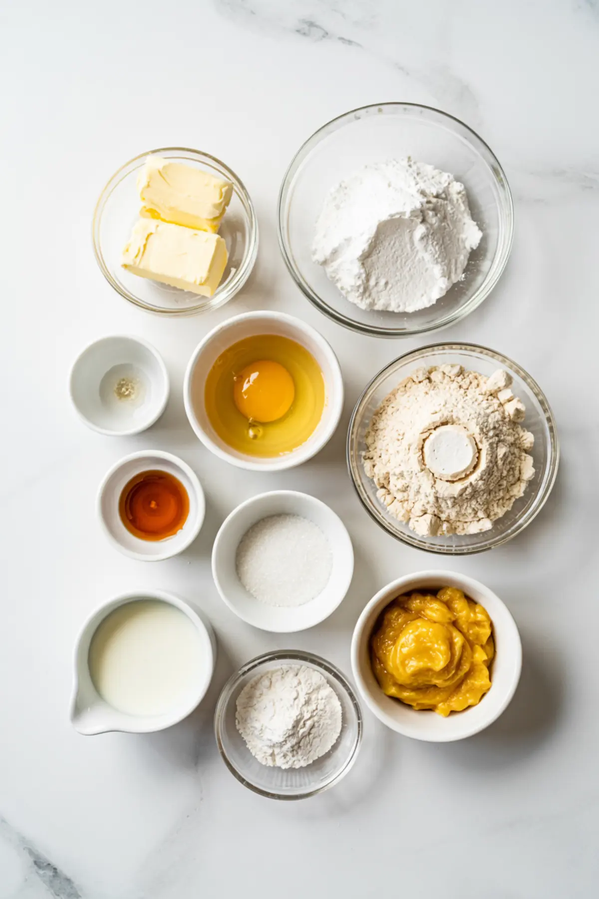 Flat lay of baking ingredients in small bowls, including butter, flour, powdered sugar, egg, lemon curd, vanilla extract, sugar, and milk, arranged neatly on a white countertop for a cookie recipe.
