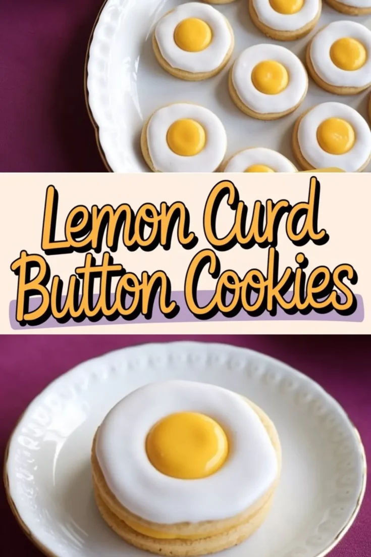 A vertical collage showing close-up views of iced lemon curd button cookies with bright yellow centers and crisp edges, accompanied by bold text emphasizing the cookie name on a pastel banner.