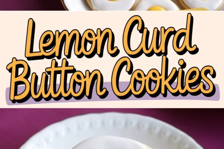 A vertical collage showing close-up views of iced lemon curd button cookies with bright yellow centers and crisp edges, accompanied by bold text emphasizing the cookie name on a pastel banner.