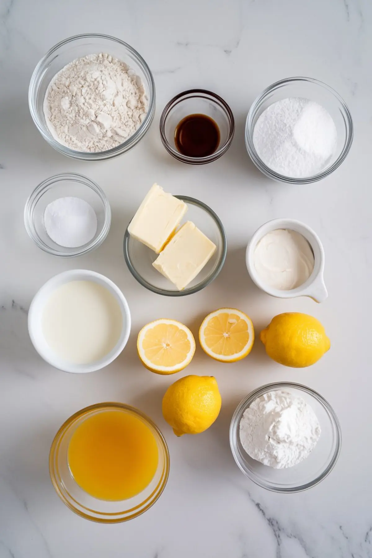 Overhead view of baking ingredients arranged on a white marble surface, including flour, sugar, butter, milk, sour cream, vanilla extract, baking soda, fresh lemons, lemon juice, and powdered sugar, ideal for making a lemon curd cake.
