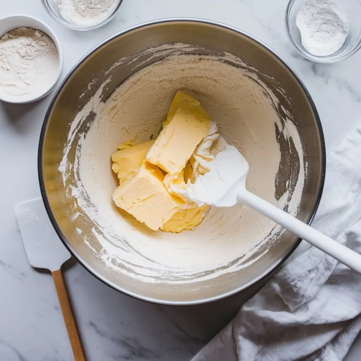 Large mixing bowl with flour and chunks of butter being creamed together with a white spatula, set on a marble countertop with extra bowls of flour nearby.