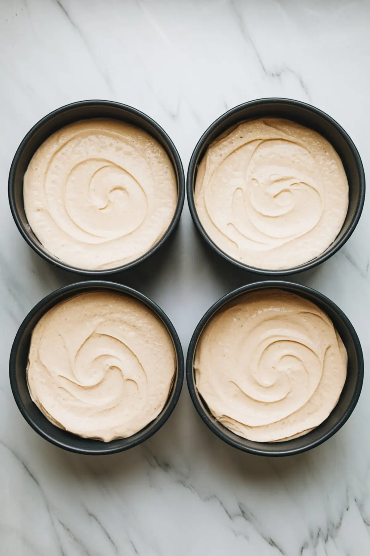 Four round cake pans filled with smooth lemon cake batter, placed on a marble surface, ready to be baked for layered lemon curd cake.