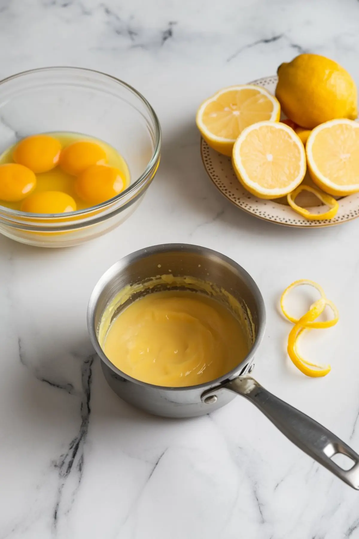 Saucepan with freshly made lemon curd, surrounded by a bowl of egg yolks and halved lemons on a plate, all placed on a marble countertop.