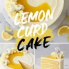 Collage image of a decorated lemon curd cake, showing the full frosted cake topped with lemon curd and edible flowers, a sliced view of the layered interior, and a single slice served on a marble surface with lemon wedges around.
