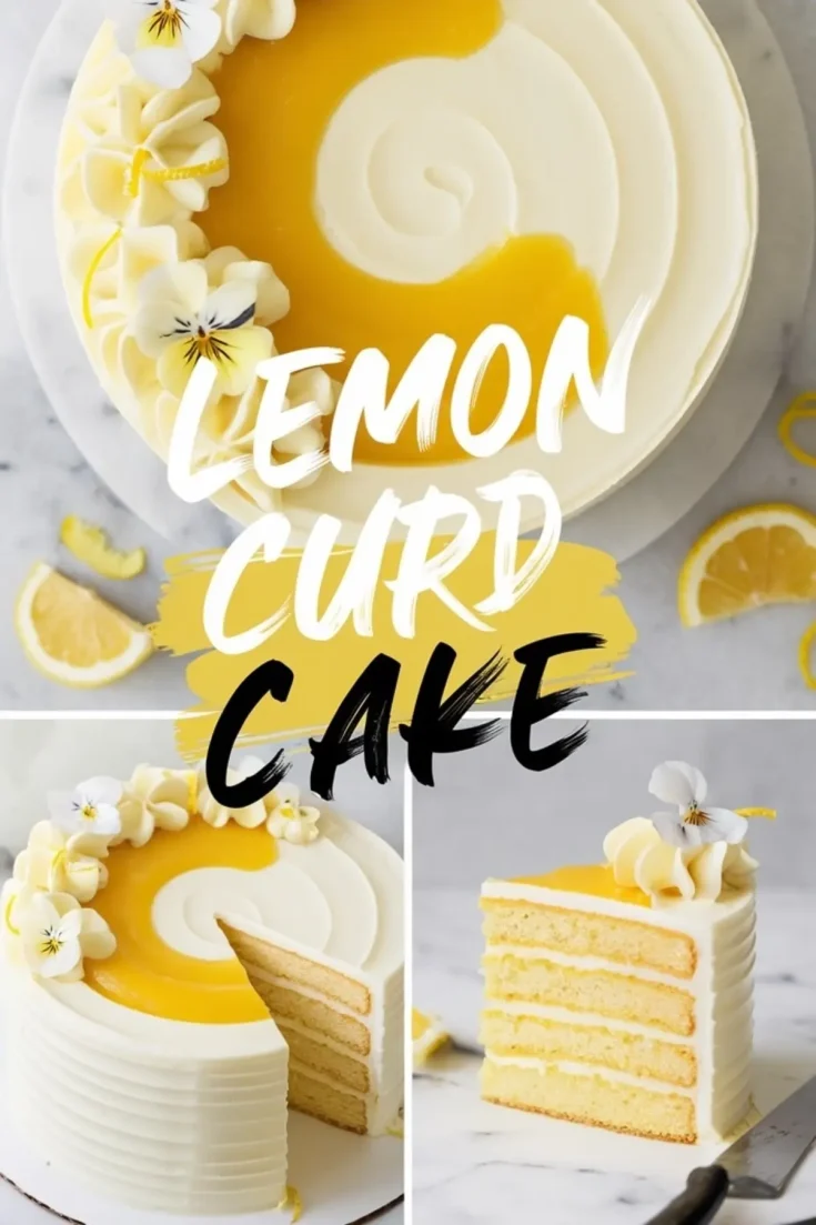 Collage image of a decorated lemon curd cake, showing the full frosted cake topped with lemon curd and edible flowers, a sliced view of the layered interior, and a single slice served on a marble surface with lemon wedges around.