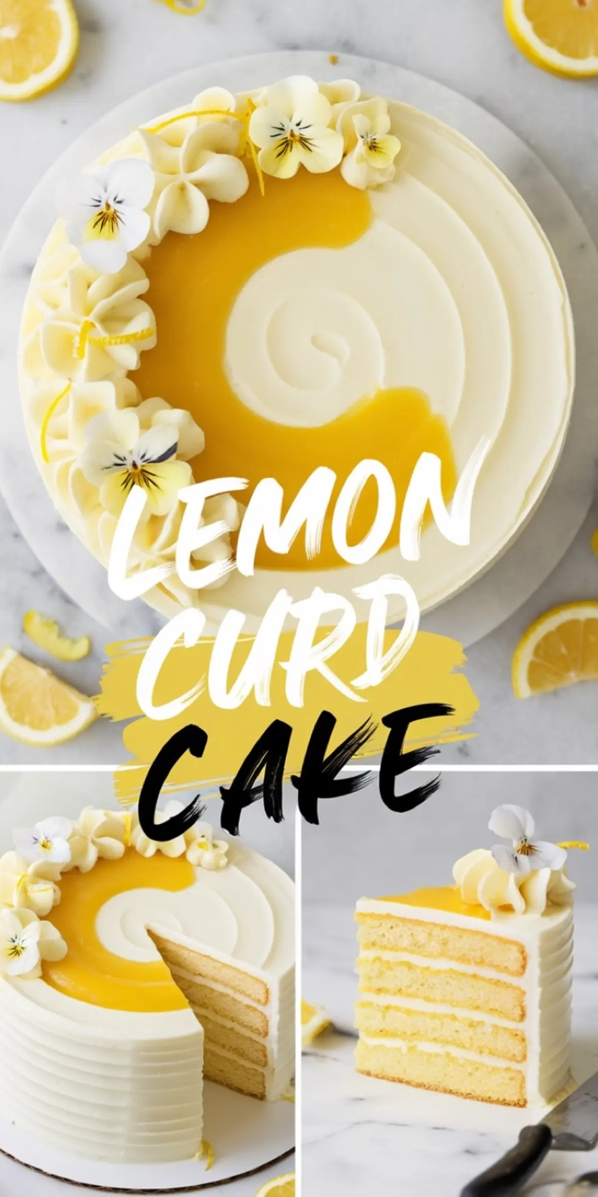 Tall vertical collage showing a decorated lemon curd cake from multiple angles, including a top view with lemon curd swirl and edible flowers, a full side view with textured white frosting, and a close-up of a sliced piece revealing four moist lemon cake layers with creamy filling.