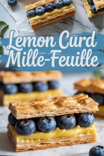 Close-up of a lemon curd mille-feuille made with layers of flaky puff pastry, vibrant lemon curd, and fresh blueberries, set on a marble background with a rustic blue text overlay.
