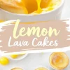 Graphic of lemon lava cakes featuring a spoon scooping bright yellow molten lemon center from a cake, with text overlay reading “lemon lava cakes.”