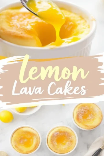 Graphic of lemon lava cakes featuring a spoon scooping bright yellow molten lemon center from a cake, with text overlay reading “lemon lava cakes.”