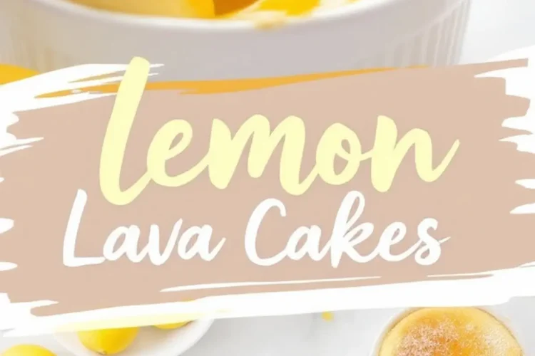 Graphic of lemon lava cakes featuring a spoon scooping bright yellow molten lemon center from a cake, with text overlay reading “lemon lava cakes.”