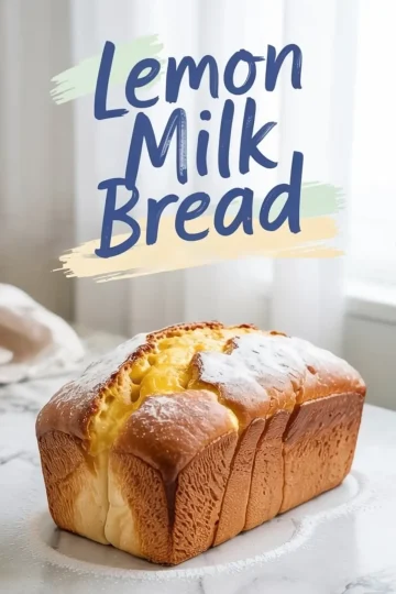 A loaf of golden brown lemon milk bread dusted with powdered sugar sits on a marble counter, accompanied by a stylized text graphic reading “Lemon Milk Bread” in bold brush lettering.