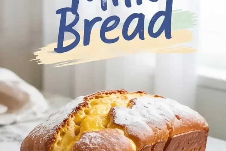 A loaf of golden brown lemon milk bread dusted with powdered sugar sits on a marble counter, accompanied by a stylized text graphic reading “Lemon Milk Bread” in bold brush lettering.