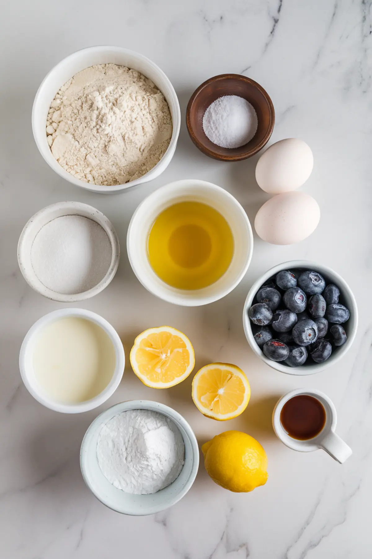 Top-down view of measured ingredients on a white marble surface including flour, sugar, baking powder, salt, eggs, olive oil, milk, fresh blueberries, halved lemons, vanilla extract, and powdered sugar for making lemon olive oil cake with blueberry glaze.