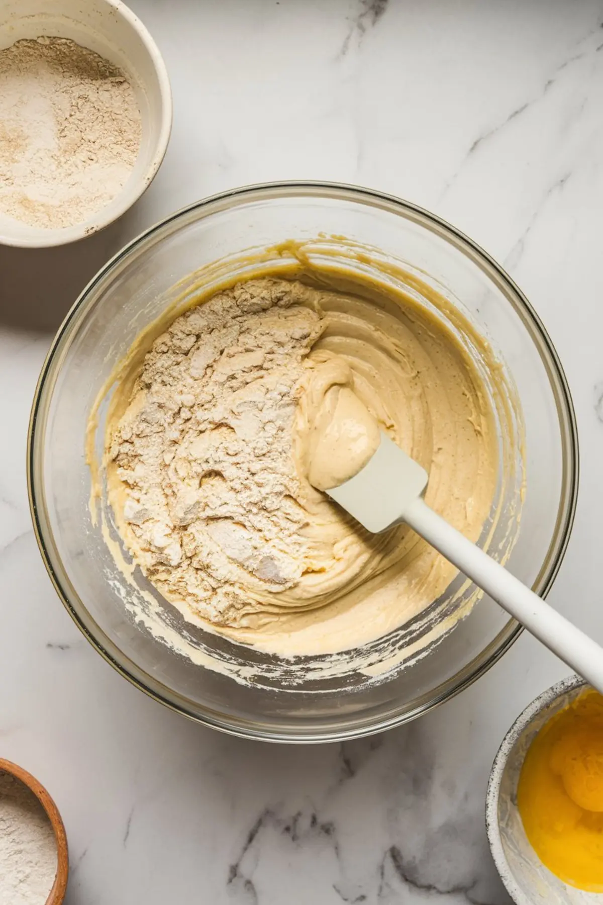 Glass bowl filled with creamy lemon cake batter being folded with flour using a white spatula on a marble surface, showcasing the process of making lemon olive oil cake.