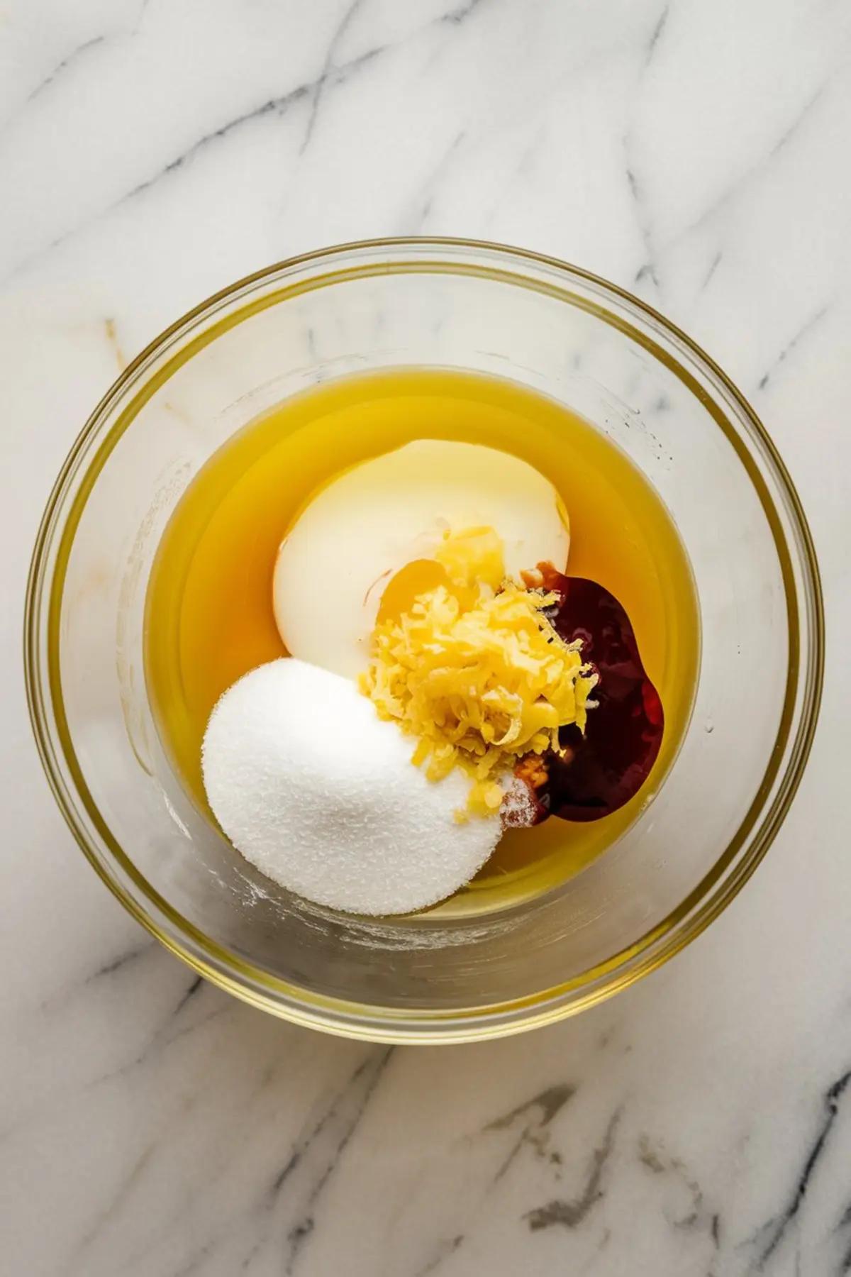 Overhead shot of a glass mixing bowl containing olive oil, yogurt, sugar, egg, lemon zest, and vanilla extract, showing the preparation stage for a lemon olive oil cake batter.