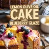 Detailed close-ups of blueberry-glazed lemon olive oil cake slices, with a thick drip of blueberry sauce and scattered blueberries, featuring a darker, moody kitchen scene.