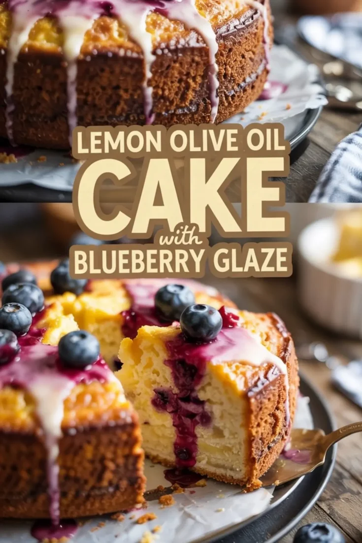 Detailed close-ups of blueberry-glazed lemon olive oil cake slices, with a thick drip of blueberry sauce and scattered blueberries, featuring a darker, moody kitchen scene.