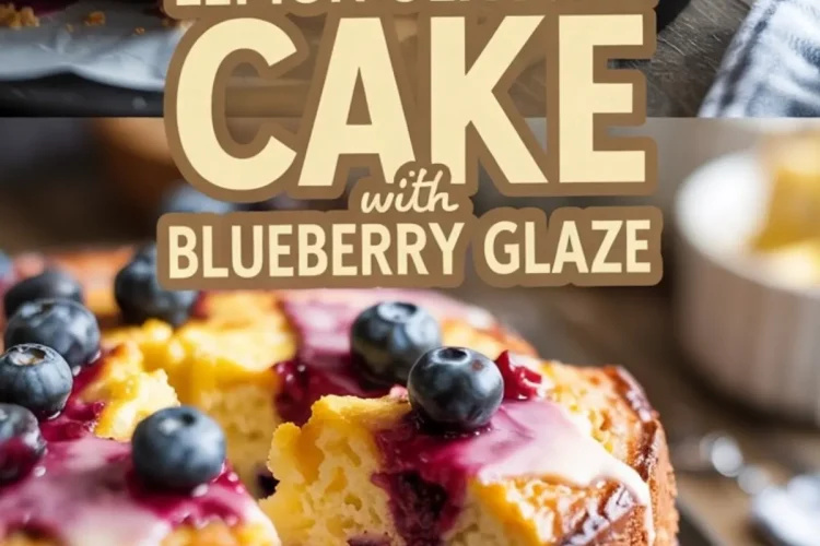 Detailed close-ups of blueberry-glazed lemon olive oil cake slices, with a thick drip of blueberry sauce and scattered blueberries, featuring a darker, moody kitchen scene.