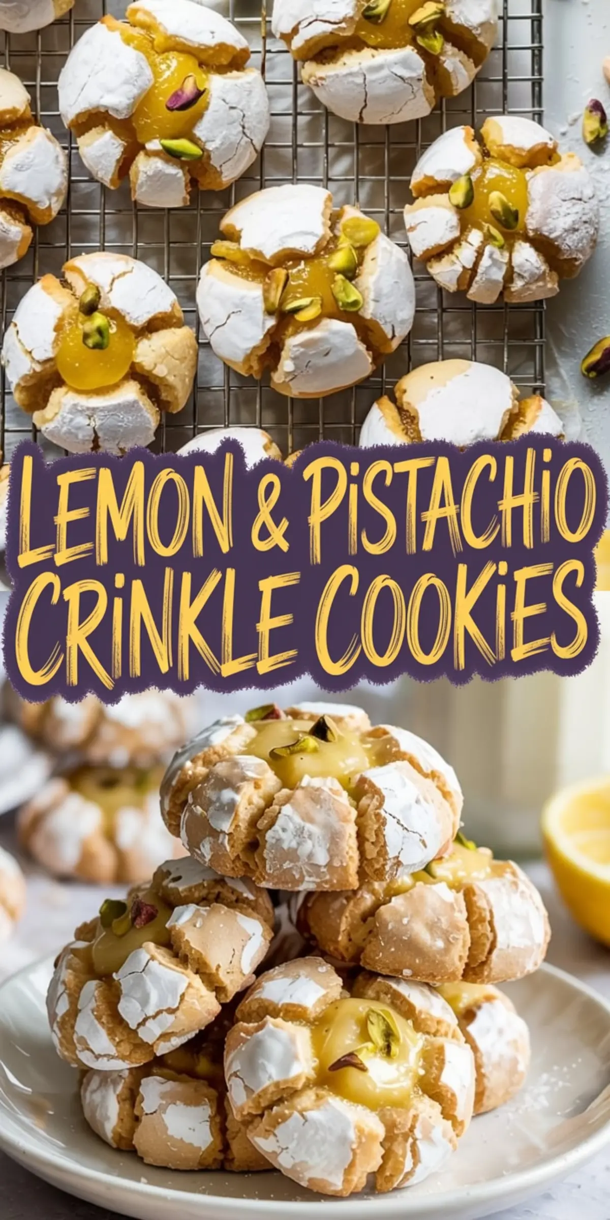 Cracked lemon crinkle cookies filled with lemon curd and topped with chopped pistachios, displayed on a cooling rack and stacked on a white plate for a bright, citrusy dessert presentation.