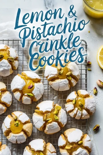 Overhead view of lemon and pistachio crinkle cookies on a cooling rack, featuring golden lemon curd centers and vibrant green pistachio toppings for a fresh citrus cookie display.