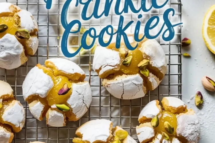 Overhead view of lemon and pistachio crinkle cookies on a cooling rack, featuring golden lemon curd centers and vibrant green pistachio toppings for a fresh citrus cookie display.
