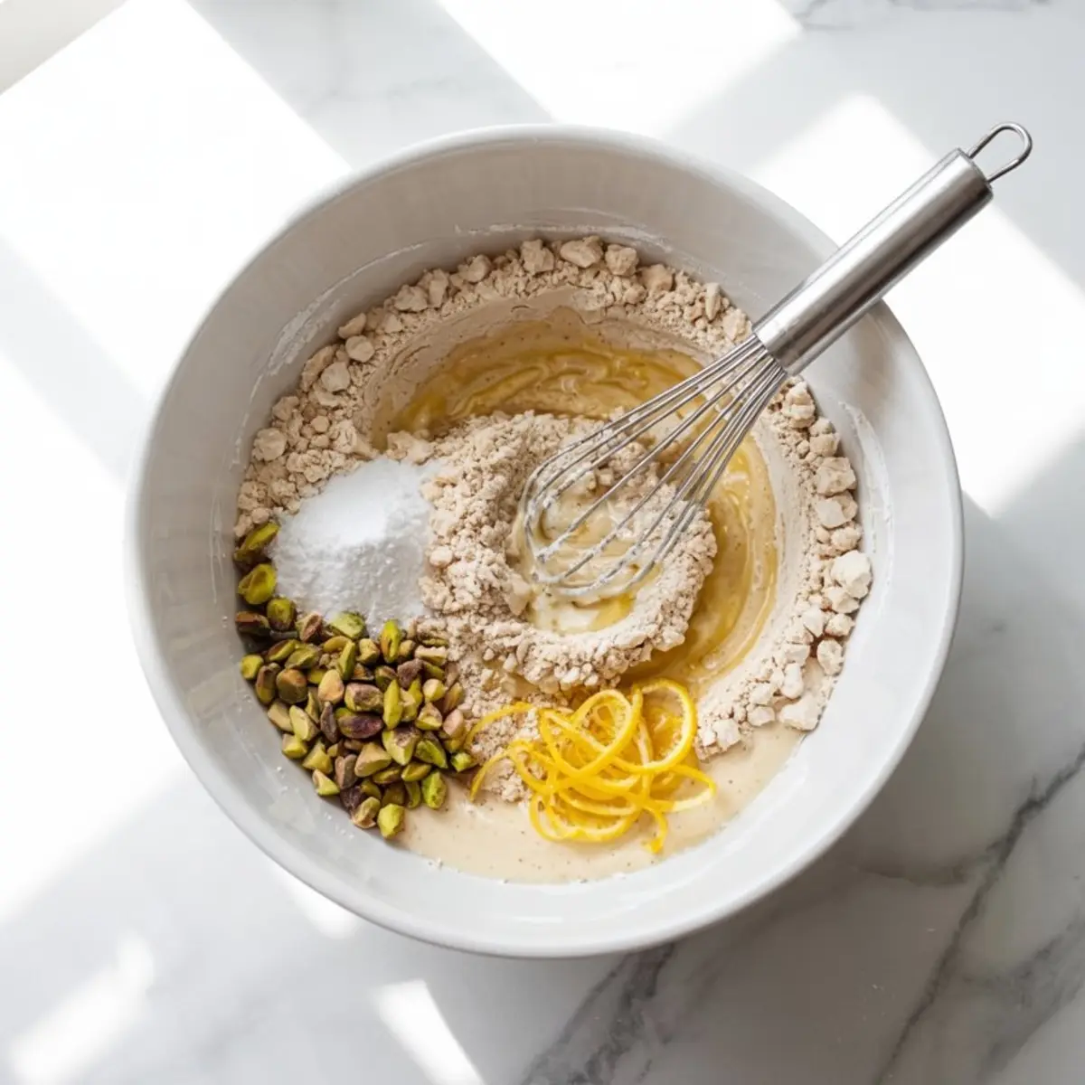 Baking ingredients for lemon pistachio crinkle cookies in a mixing bowl, including flour, sugar, lemon zest, chopped pistachios, and a whisk, ready for combining into dough.