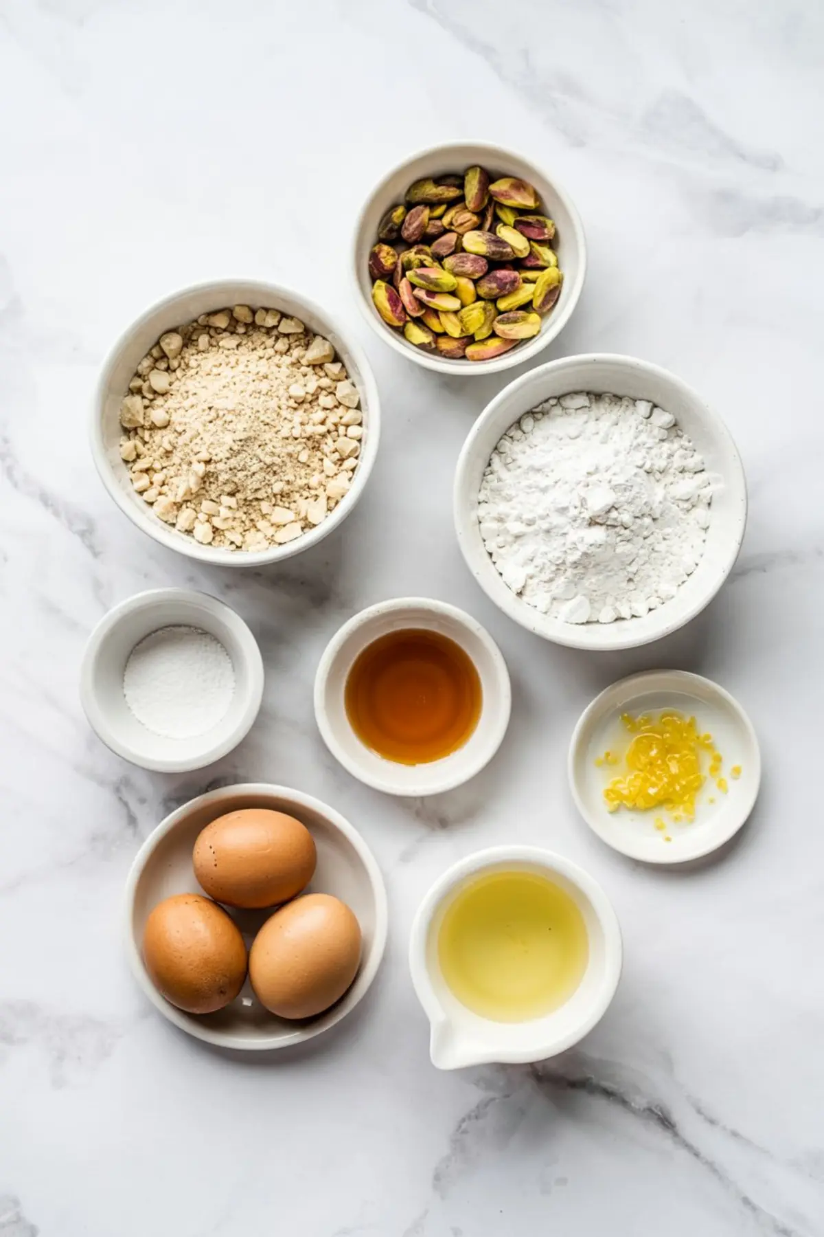 Flat lay of lemon pistachio cookie ingredients in small bowls, including eggs, pistachios, flour, almond flour, baking powder, lemon zest, oil, and vanilla extract on a marble surface.
