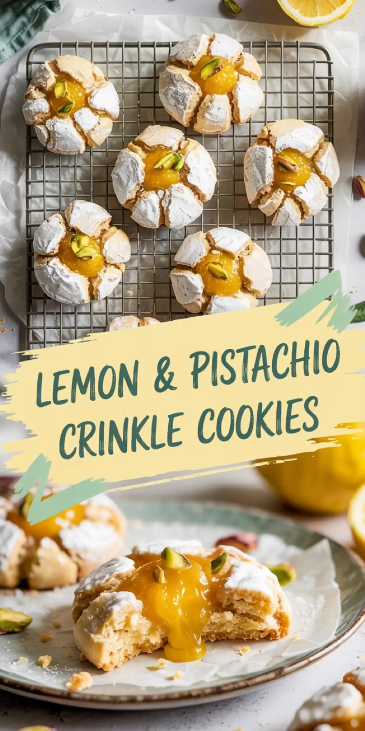 Lemon and pistachio crinkle cookies cooling on a wire rack, with a broken cookie revealing gooey lemon curd filling and nut topping on a ceramic plate.
