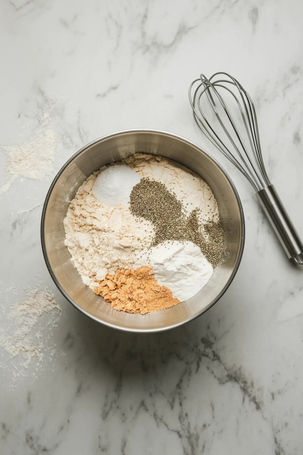 A stainless steel bowl holds dry baking ingredients including flour, poppy seeds, baking powder, baking soda, salt, and lemon zest powder. A metal whisk lies beside the bowl on a light marble counter with scattered flour.