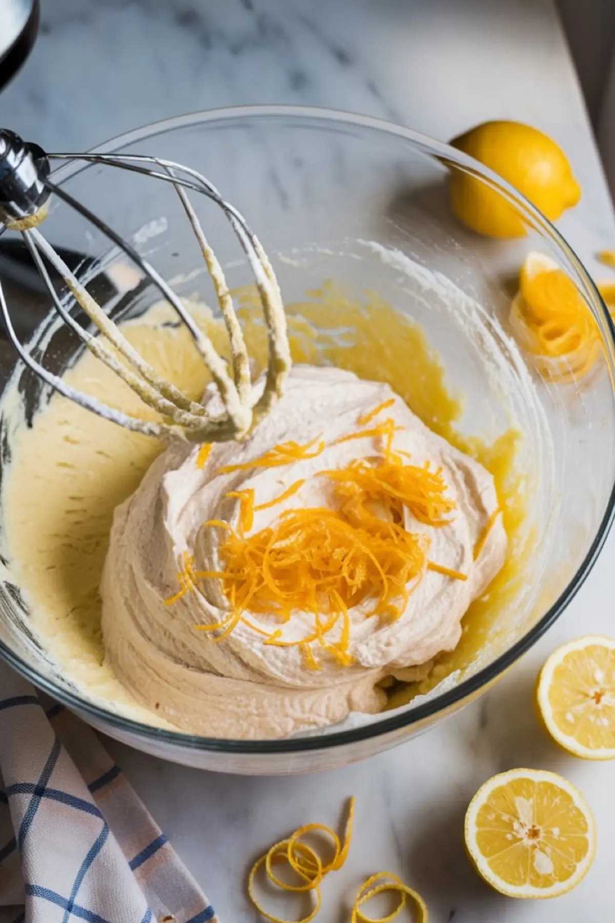 A glass bowl contains lemon cake batter topped with fresh lemon zest strands, with a stand mixer whisk attachment resting above. Halved lemons and a kitchen towel sit nearby on the marble surface.