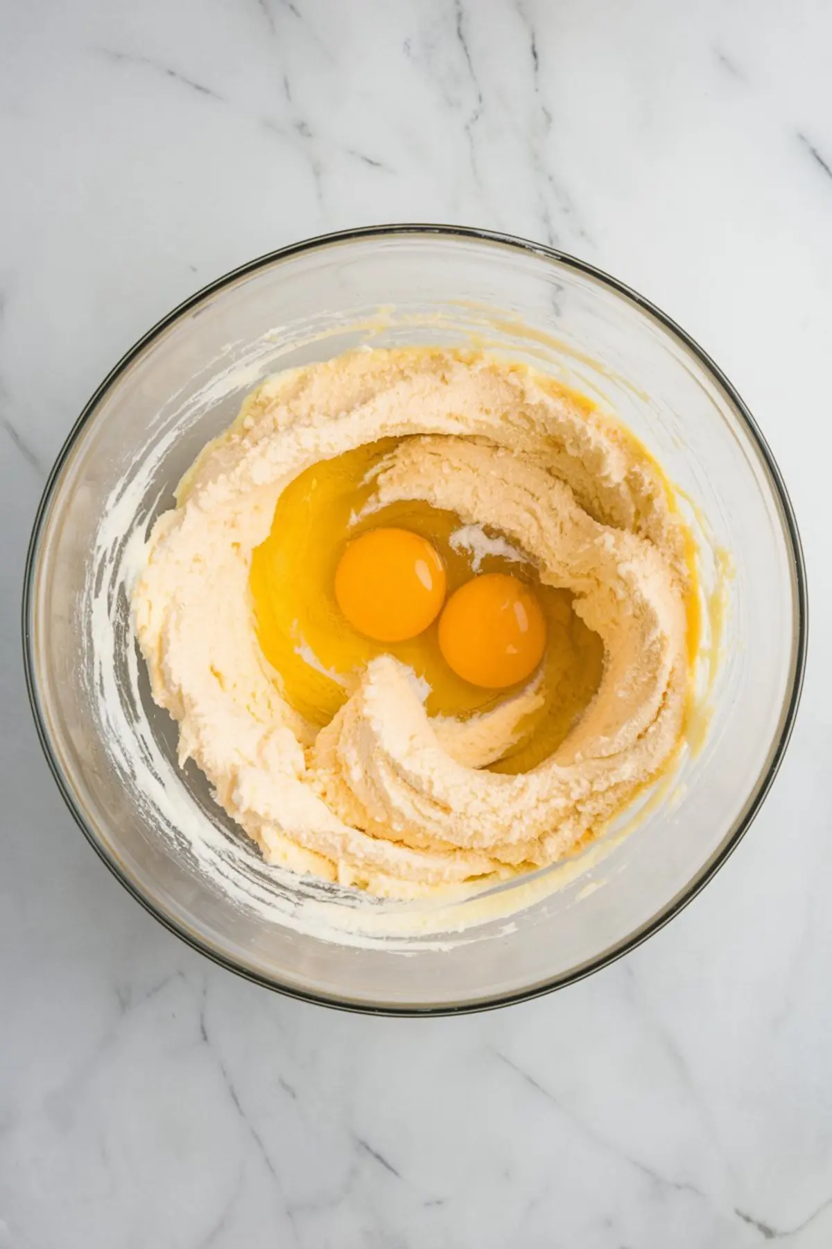 A clear glass bowl holds a creamy butter-sugar mixture with two raw eggs cracked on top, ready to be mixed. The bowl sits on a white marble surface with a smooth texture.