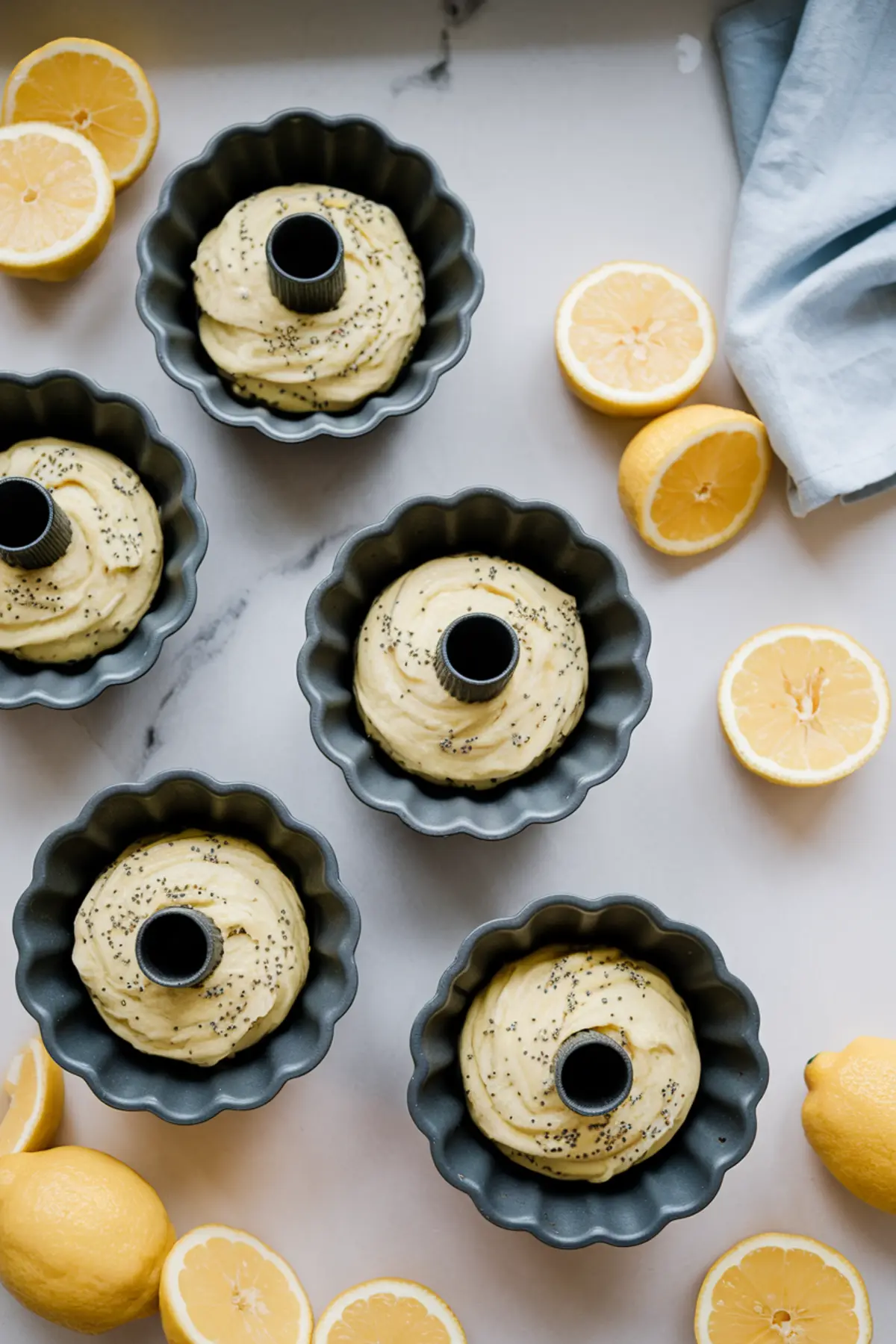Non-stick mini bundt pans are filled with lemon poppyseed cake batter, sprinkled with poppy seeds. The pans are arranged on a white surface with halved lemons placed around them.