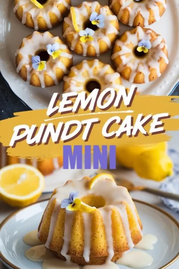 Mini lemon bundt cakes with white icing glaze, topped with edible flowers and lemon zest curls, arranged on a white plate and a single serving displayed on a dessert plate. Bright yellow lemons and a halved lemon enhance the citrus-themed presentation. Ideal for spring desserts, lemon treats, and elegant tea party inspiration.