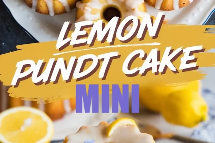 Mini lemon bundt cakes with white icing glaze, topped with edible flowers and lemon zest curls, arranged on a white plate and a single serving displayed on a dessert plate. Bright yellow lemons and a halved lemon enhance the citrus-themed presentation. Ideal for spring desserts, lemon treats, and elegant tea party inspiration.