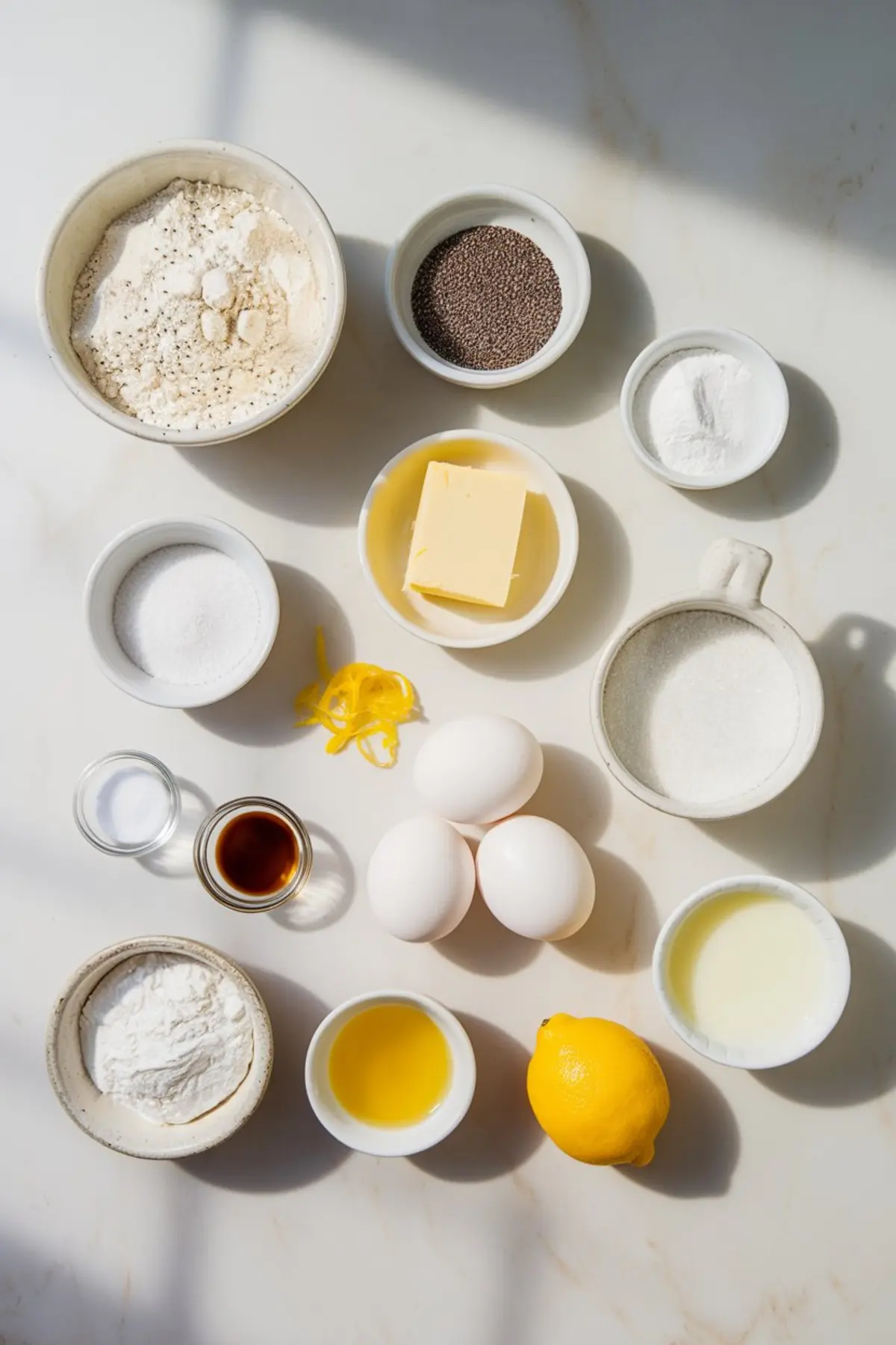 Ingredients for lemon poppyseed cakes are neatly arranged in small bowls, including flour, sugar, butter, eggs, poppy seeds, lemon zest, lemon juice, baking powder, and vanilla extract. Bright lighting casts soft shadows on the white surface.