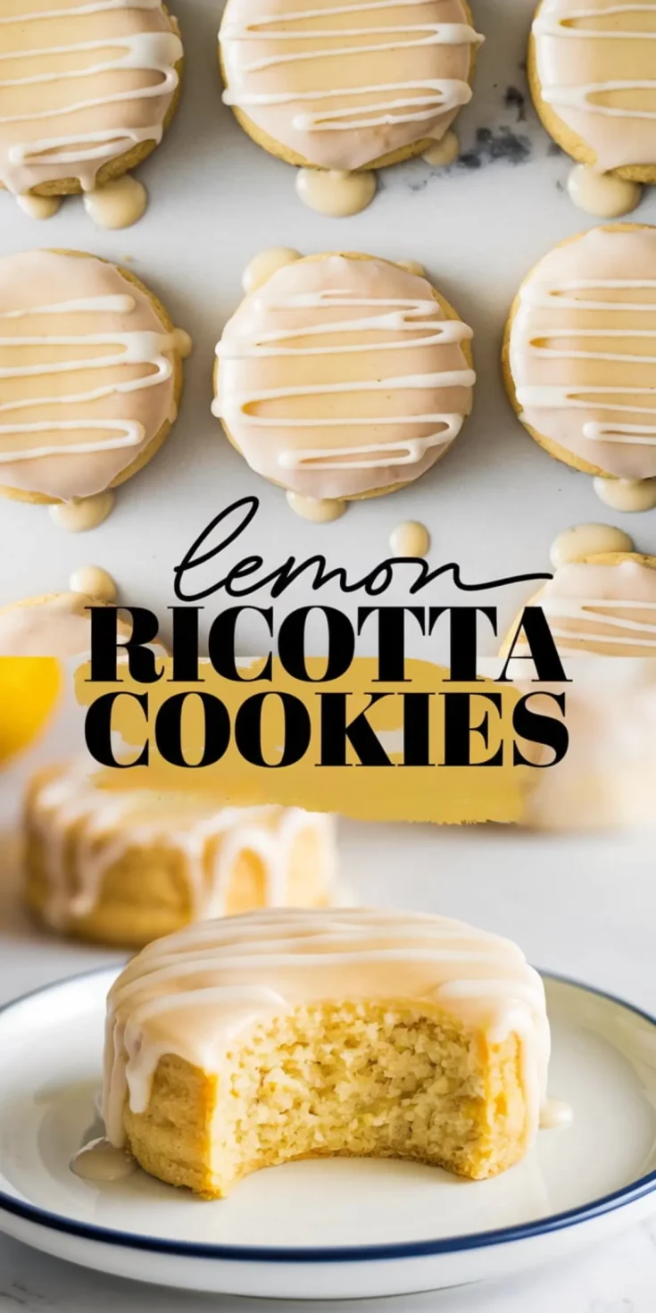 Collage image with overhead and close-up views of lemon ricotta cookies featuring creamy lemon glaze and white icing drizzle, with text “lemon RICOTTA COOKIES” and a bitten cookie on a plate showing soft texture.